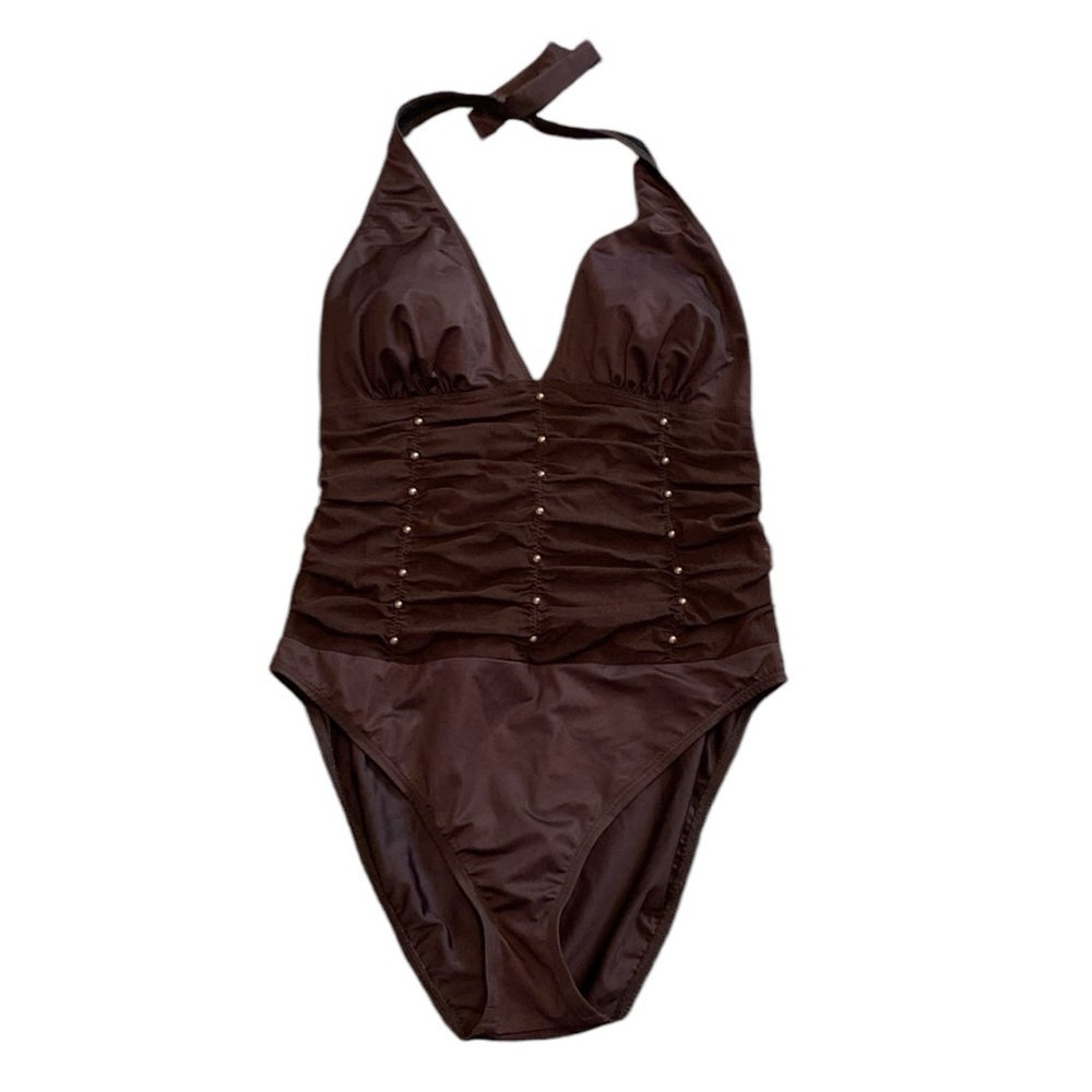 MagicSuit Brown Bohemian Halter Ruched One Piece Swim Suit 11/12